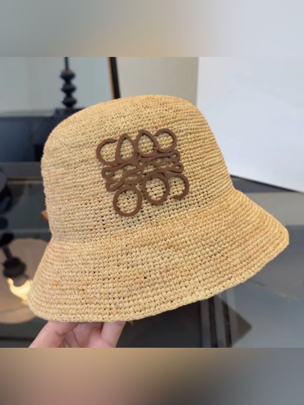 Beige Straw Bucket Hat with Brown Logo Accent - Picture 3 of 3